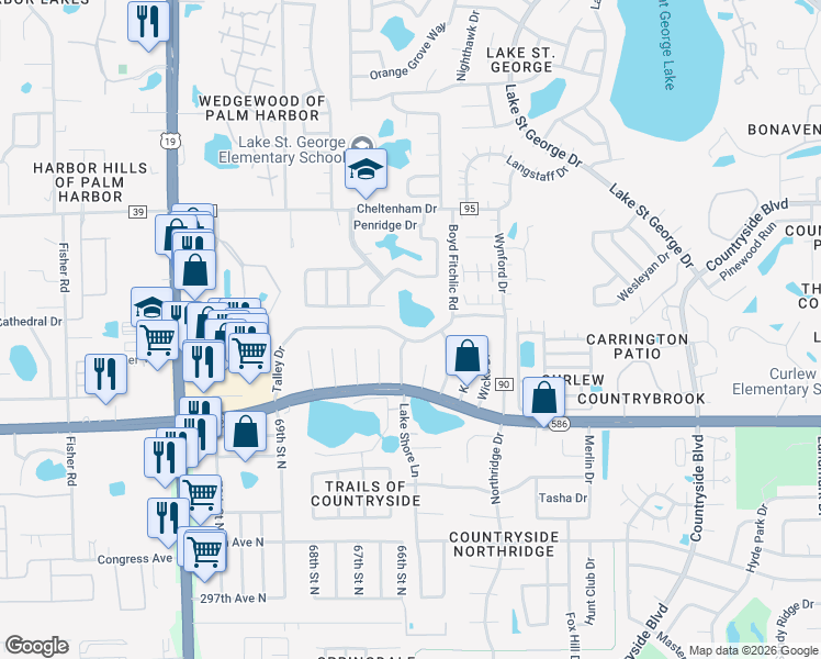 map of restaurants, bars, coffee shops, grocery stores, and more near 204 Talley Drive in Palm Harbor