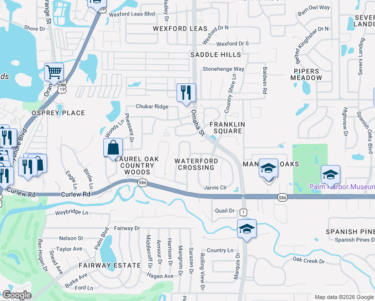 map of restaurants, bars, coffee shops, grocery stores, and more near 2796 Challenger Drive in Palm Harbor