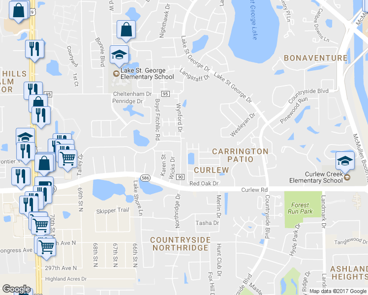 map of restaurants, bars, coffee shops, grocery stores, and more near 23 Mountain Laurel Drive in Palm Harbor