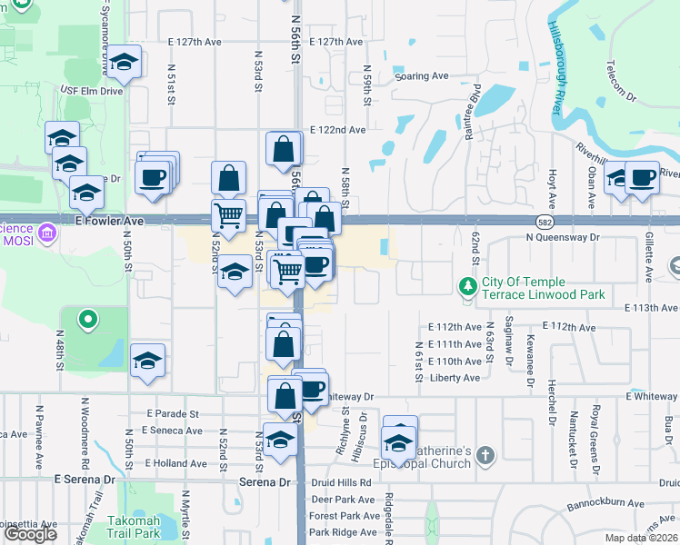map of restaurants, bars, coffee shops, grocery stores, and more near 11301 North 56th Street in Temple Terrace