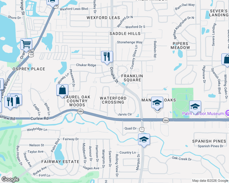 map of restaurants, bars, coffee shops, grocery stores, and more near 2763 Challenger Drive in Palm Harbor