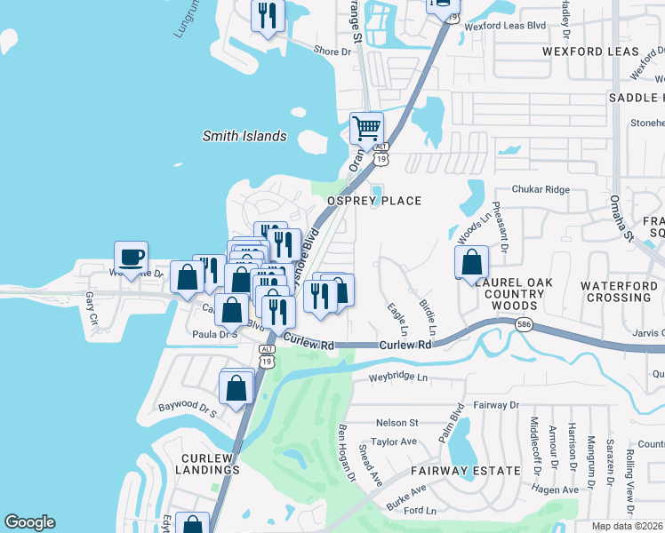 map of restaurants, bars, coffee shops, grocery stores, and more near 100 3rd Street in Palm Harbor