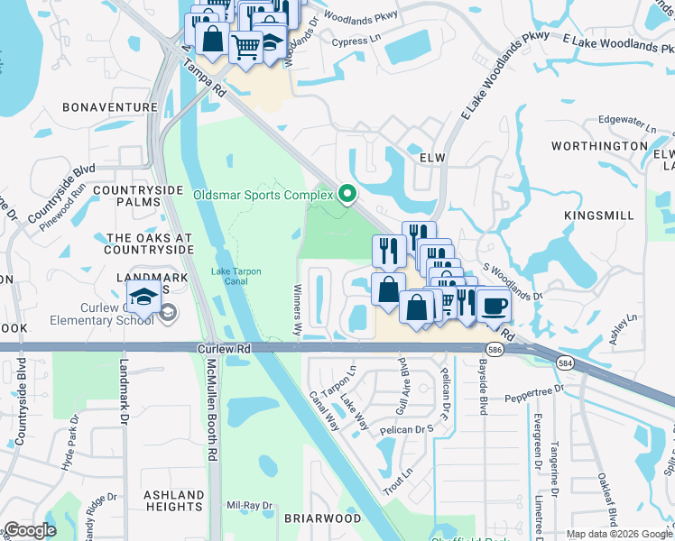 map of restaurants, bars, coffee shops, grocery stores, and more near 246 Countryside Key Boulevard in Oldsmar