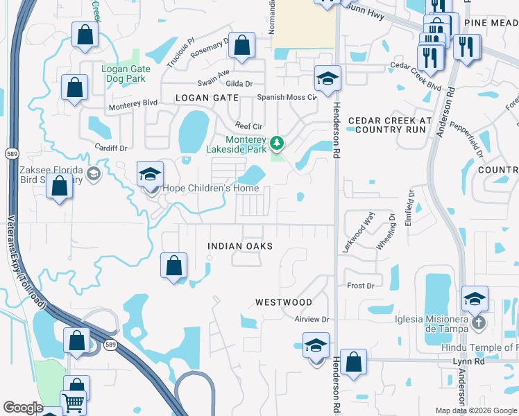 map of restaurants, bars, coffee shops, grocery stores, and more near 11308 Wickersley Place in Tampa