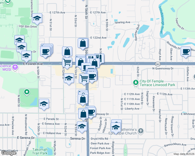 map of restaurants, bars, coffee shops, grocery stores, and more near 5720 Dalden Drive in Temple Terrace
