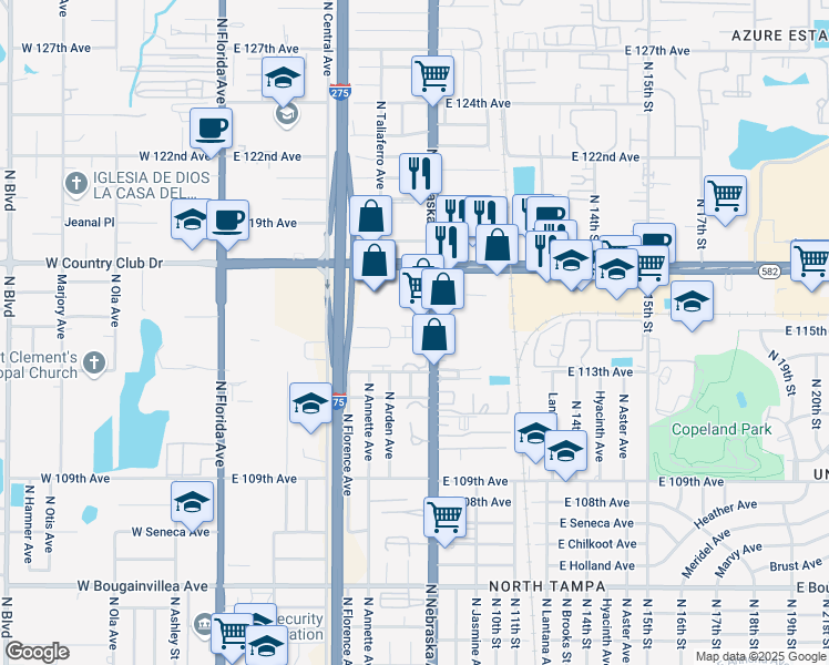 map of restaurants, bars, coffee shops, grocery stores, and more near 11616 North Nebraska Avenue in Tampa