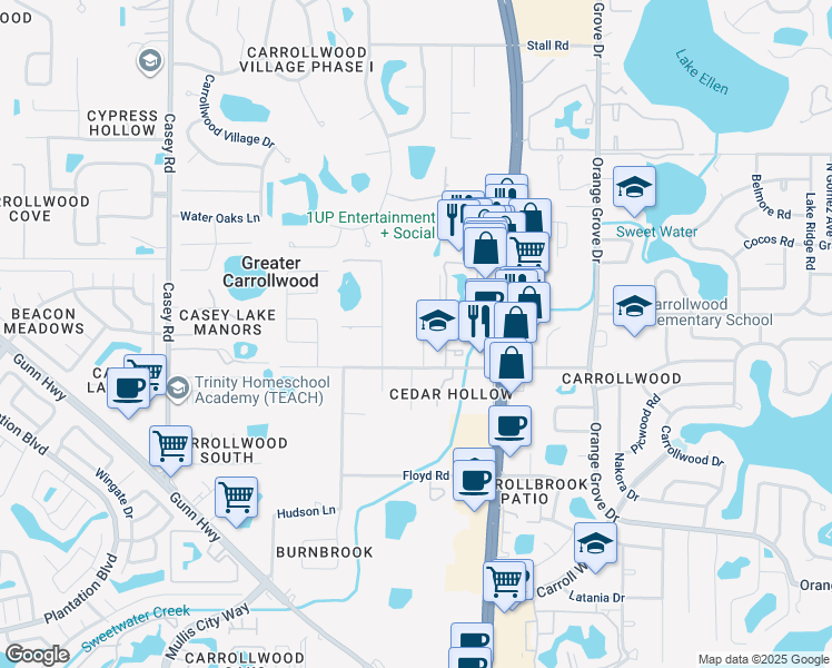 map of restaurants, bars, coffee shops, grocery stores, and more near 11424 Galleria Drive in Tampa