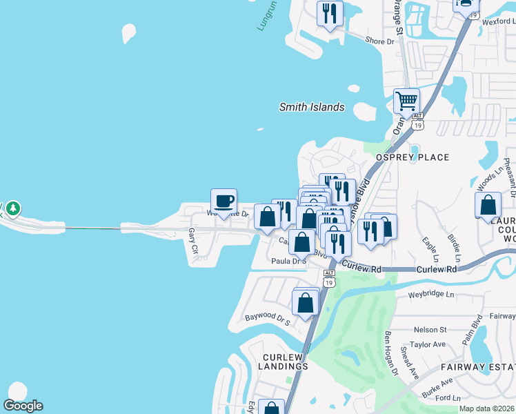 map of restaurants, bars, coffee shops, grocery stores, and more near 2675 Saint Joseph Drive East in Dunedin