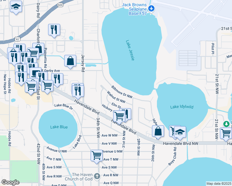 map of restaurants, bars, coffee shops, grocery stores, and more near 1020 Biltmore Drive Northwest in Winter Haven