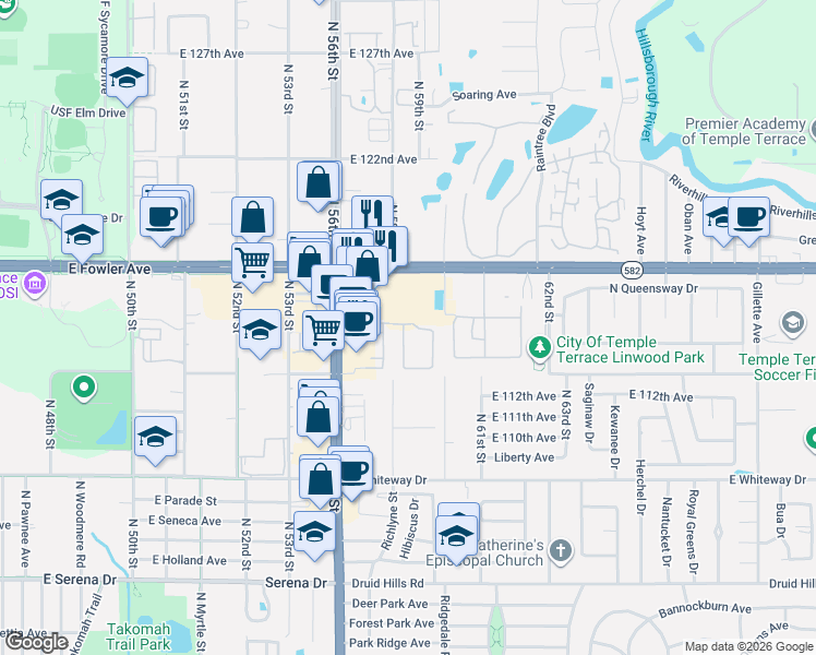 map of restaurants, bars, coffee shops, grocery stores, and more near 5901 East Fowler Avenue in Temple Terrace
