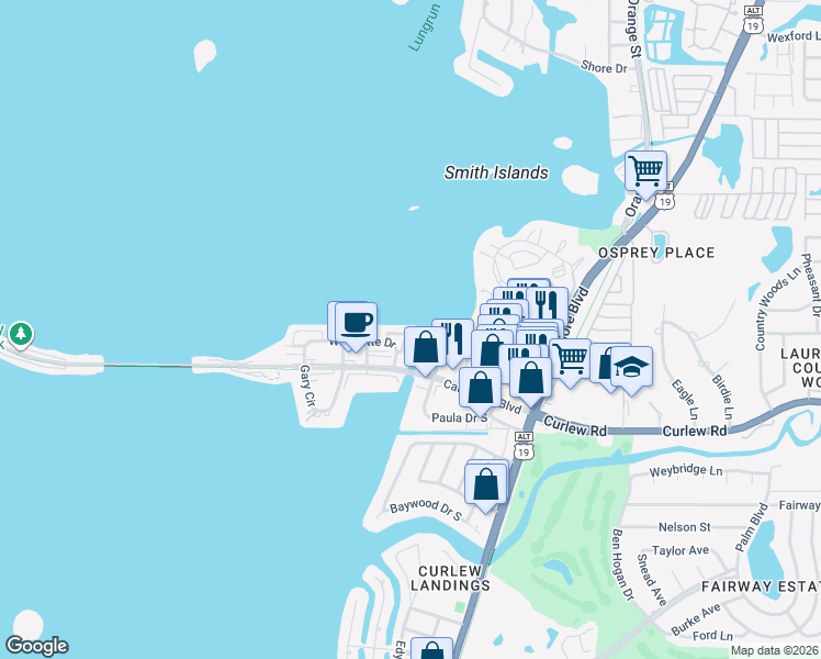 map of restaurants, bars, coffee shops, grocery stores, and more near 2675 Saint Joseph Drive East in Dunedin