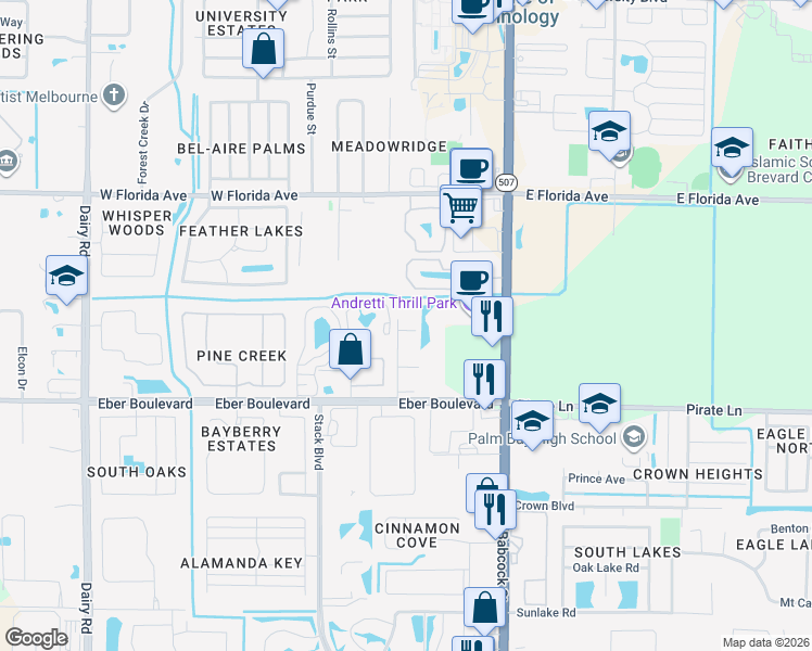 map of restaurants, bars, coffee shops, grocery stores, and more near 110 Turpial Way in Melbourne