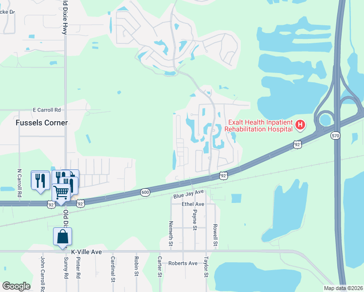 map of restaurants, bars, coffee shops, grocery stores, and more near 30 Leisure Drive in Auburndale