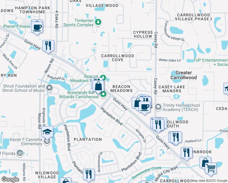 map of restaurants, bars, coffee shops, grocery stores, and more near 4800 Ridge Point Drive in Tampa