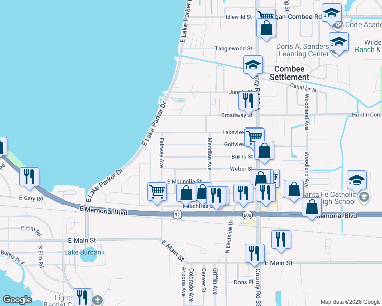 map of restaurants, bars, coffee shops, grocery stores, and more near 2302 Burns Street in Lakeland