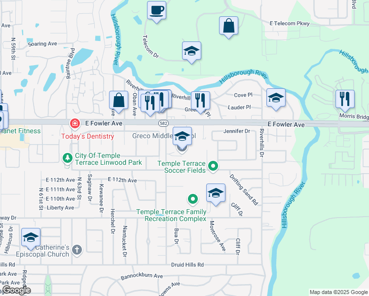 map of restaurants, bars, coffee shops, grocery stores, and more near 6925 E Fowler Ave in Tampa