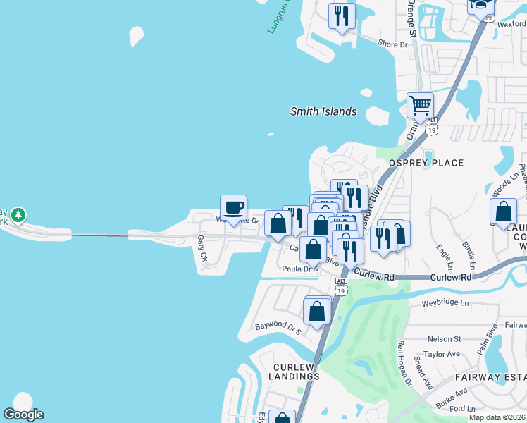 map of restaurants, bars, coffee shops, grocery stores, and more near 2675 Saint Joseph Drive East in Dunedin