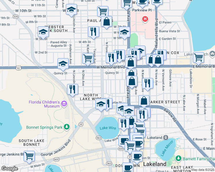 map of restaurants, bars, coffee shops, grocery stores, and more near 846 North Scott Avenue in Lakeland