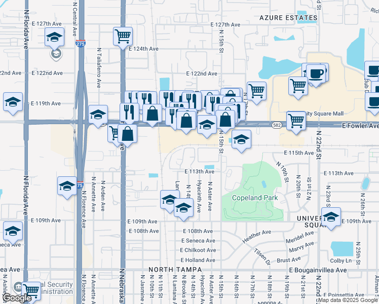 map of restaurants, bars, coffee shops, grocery stores, and more near 1256 East 113th Avenue in Tampa
