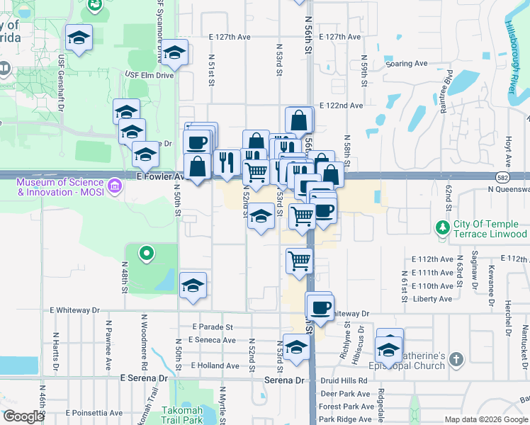 map of restaurants, bars, coffee shops, grocery stores, and more near 5239 East Fowler Avenue in Temple Terrace