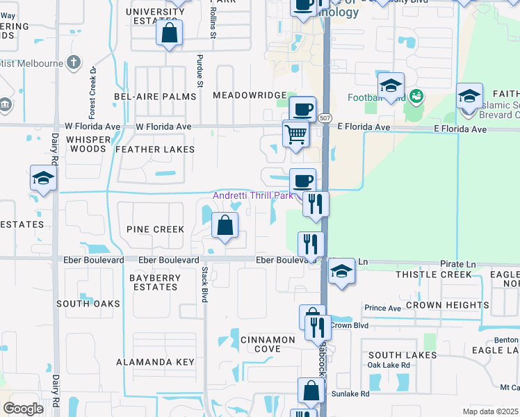 map of restaurants, bars, coffee shops, grocery stores, and more near 110 Turpial Way in Melbourne