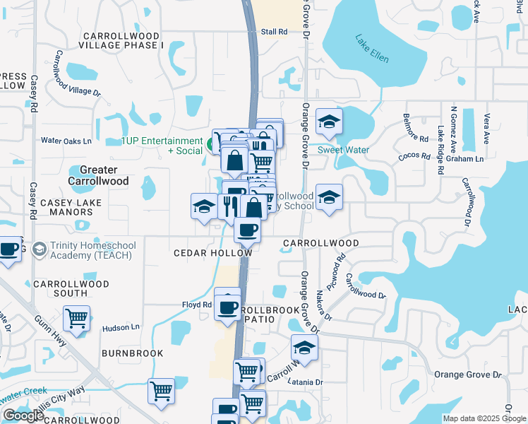 map of restaurants, bars, coffee shops, grocery stores, and more near 11423 North Dale Mabry Highway in Greater Carrollwood