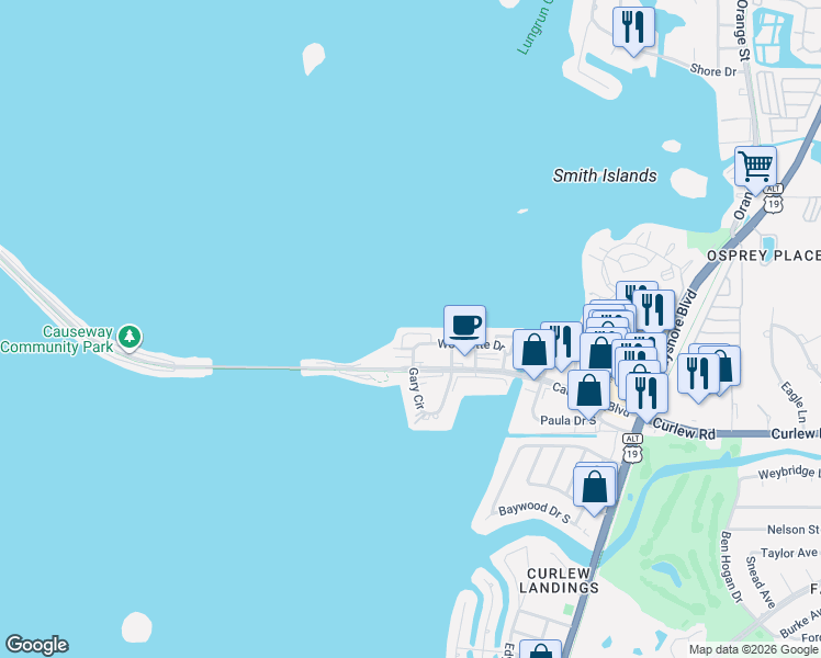 map of restaurants, bars, coffee shops, grocery stores, and more near 2640 Saint Joseph Drive West in Dunedin