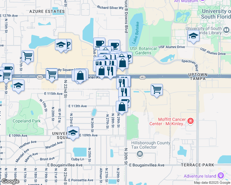 map of restaurants, bars, coffee shops, grocery stores, and more near 11408 North 30th Street in Tampa
