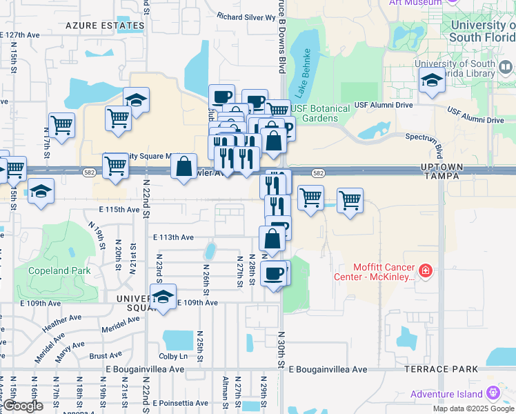 map of restaurants, bars, coffee shops, grocery stores, and more near 11408 North 30th Street in Tampa