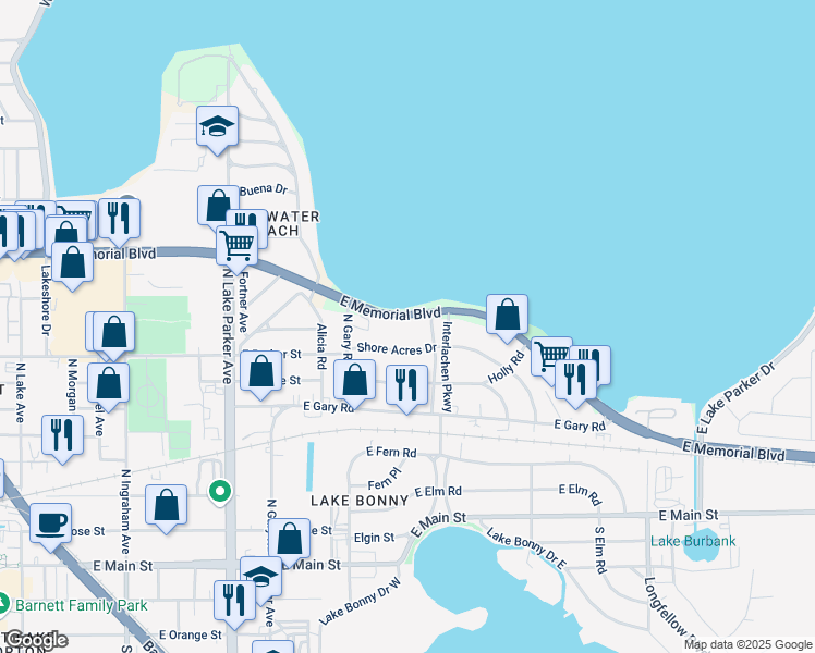 map of restaurants, bars, coffee shops, grocery stores, and more near 1521 East Memorial Boulevard in Lakeland