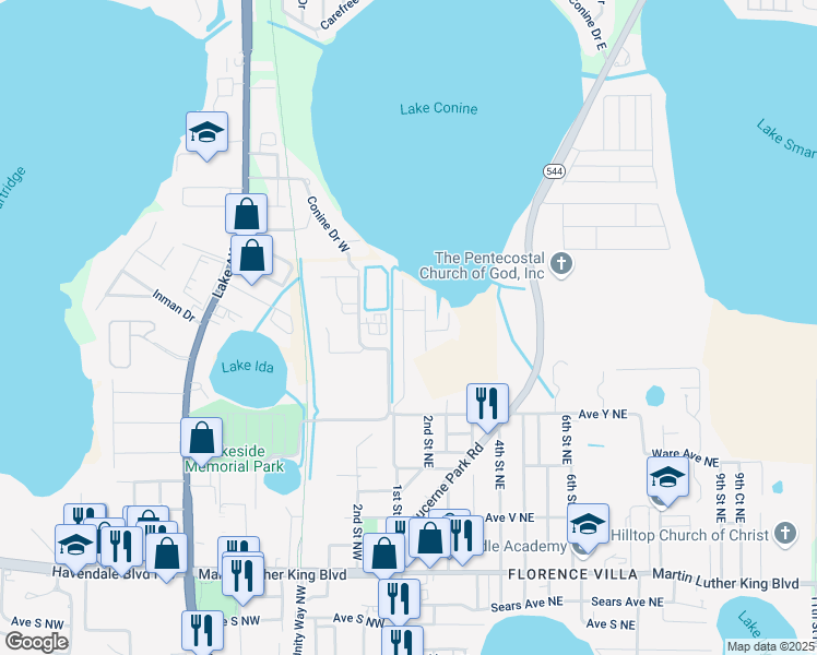 map of restaurants, bars, coffee shops, grocery stores, and more near 2554 Palm Drive Northeast in Winter Haven