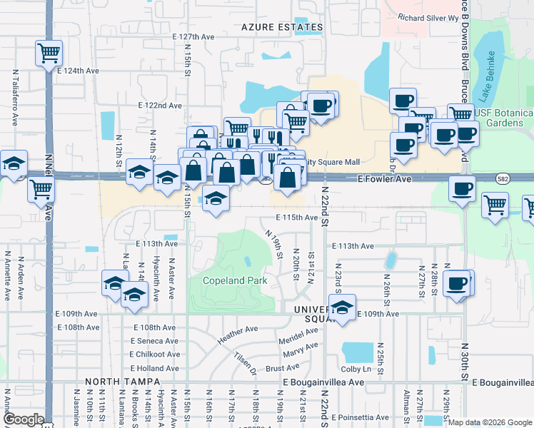 map of restaurants, bars, coffee shops, grocery stores, and more near 1801 A East Fowler Avenue in Tampa