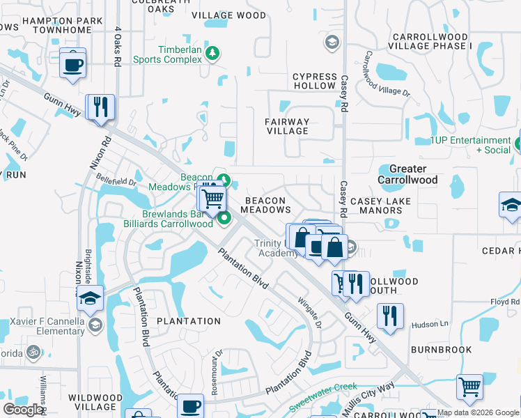 map of restaurants, bars, coffee shops, grocery stores, and more near 4708 Cypress Ridge Place in Tampa