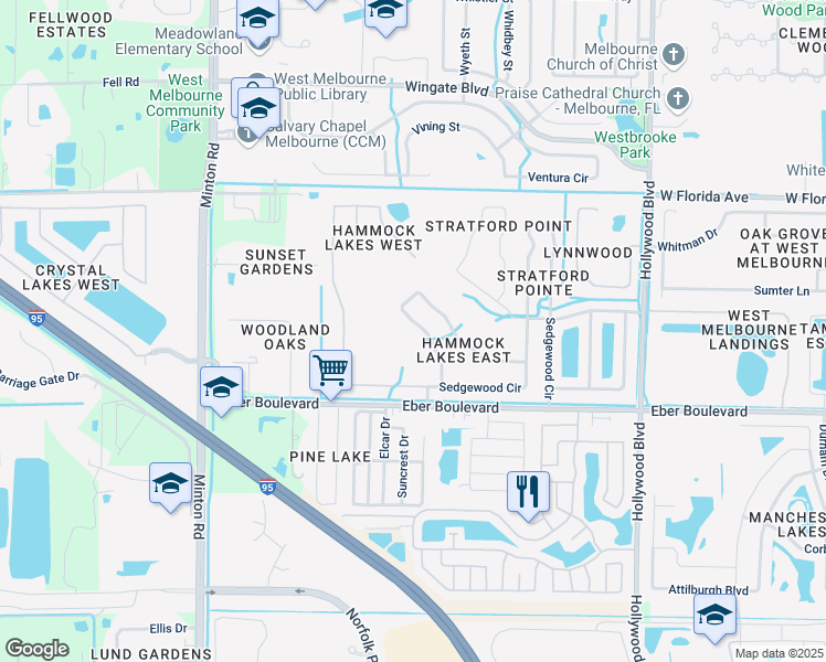 map of restaurants, bars, coffee shops, grocery stores, and more near 2523 Glasbern Circle in West Melbourne