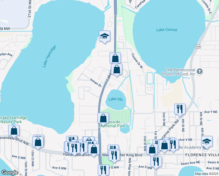 map of restaurants, bars, coffee shops, grocery stores, and more near 861 6th Street Northwest in Winter Haven