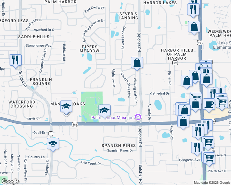 map of restaurants, bars, coffee shops, grocery stores, and more near 936 Highview Drive in Palm Harbor