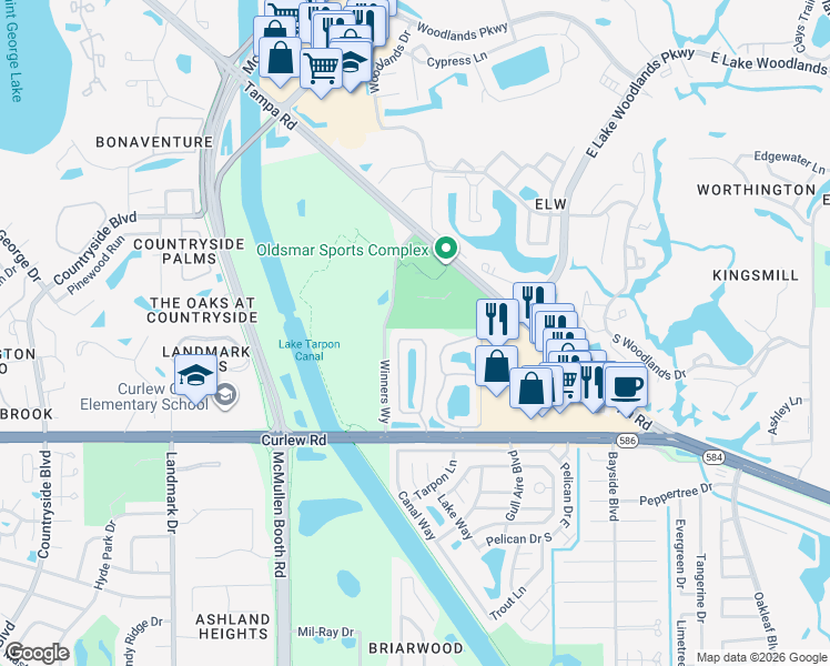 map of restaurants, bars, coffee shops, grocery stores, and more near 313 Countryside Key Boulevard in Oldsmar