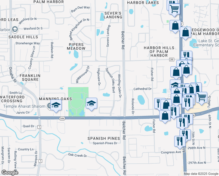 map of restaurants, bars, coffee shops, grocery stores, and more near 949 Spanish Oaks Boulevard in Palm Harbor