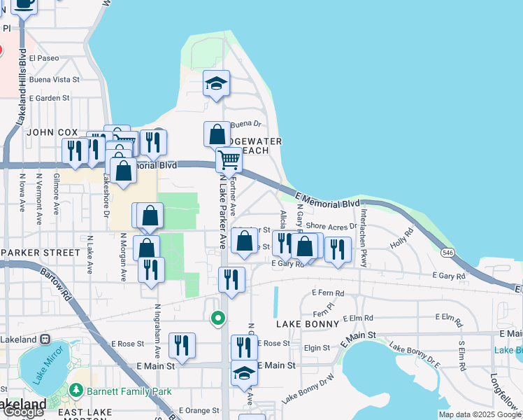 map of restaurants, bars, coffee shops, grocery stores, and more near 1304 Mitchell Street in Lakeland