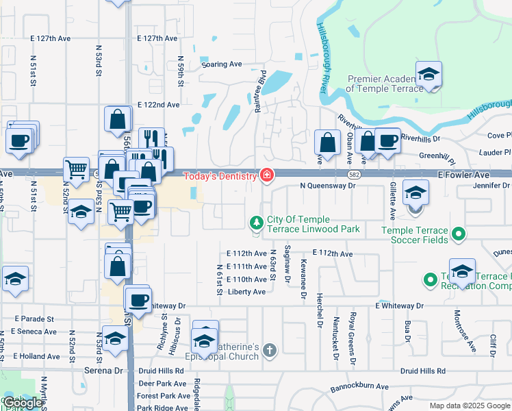 map of restaurants, bars, coffee shops, grocery stores, and more near 11416 Linarbor Place in Tampa