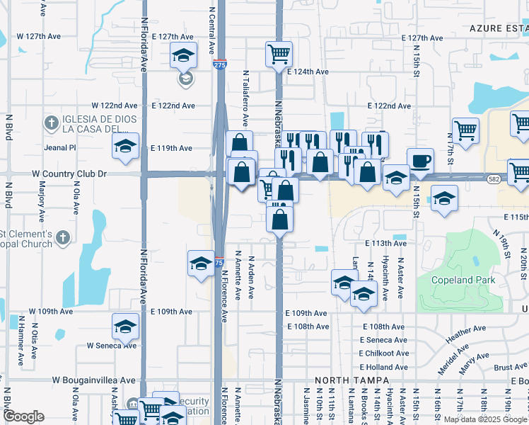 map of restaurants, bars, coffee shops, grocery stores, and more near 11616 North Nebraska Avenue in Tampa