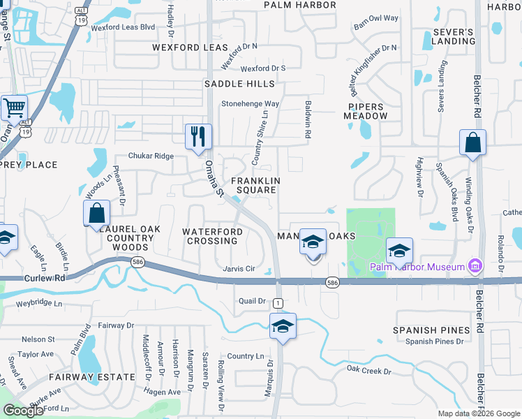 map of restaurants, bars, coffee shops, grocery stores, and more near 1426 Loman Court in Palm Harbor