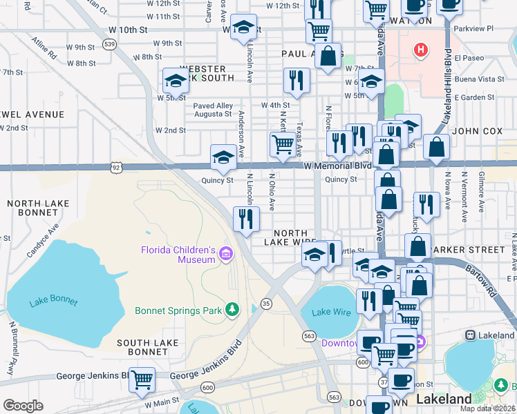map of restaurants, bars, coffee shops, grocery stores, and more near 714 Emma Street in Lakeland