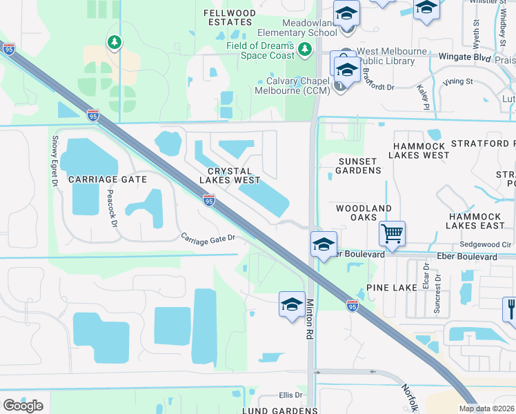 map of restaurants, bars, coffee shops, grocery stores, and more near 3204 Burdock Avenue in Melbourne