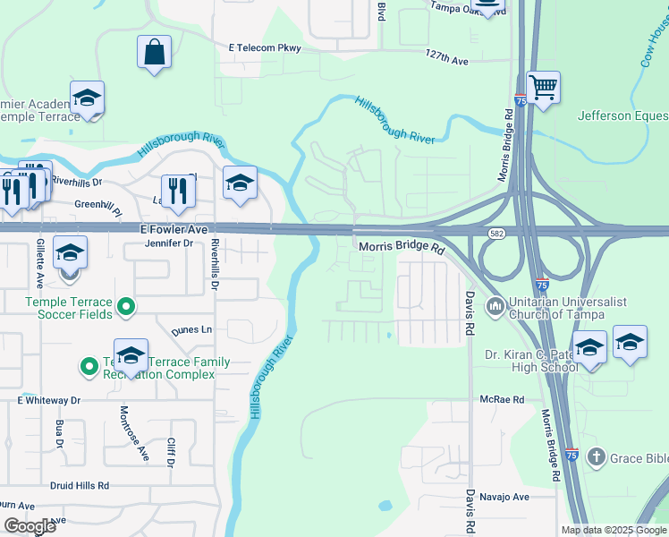 map of restaurants, bars, coffee shops, grocery stores, and more near 8407 Costa Bella Way in Temple Terrace