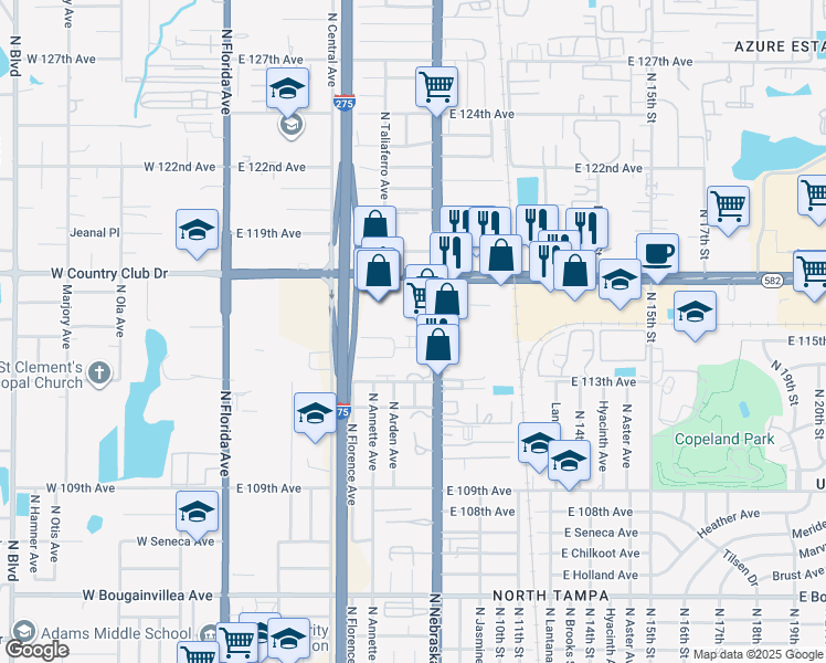map of restaurants, bars, coffee shops, grocery stores, and more near 808 East 114th Avenue in Tampa