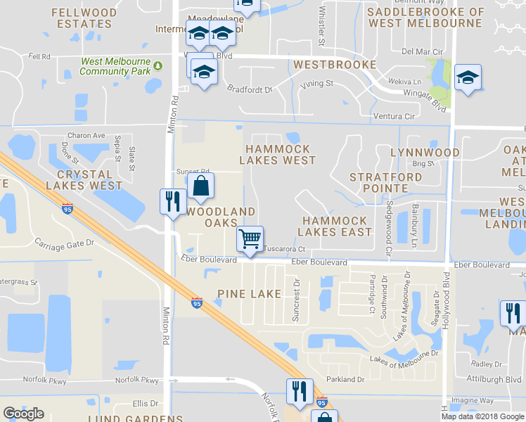 map of restaurants, bars, coffee shops, grocery stores, and more near 2624 Tuscarora Court in Melbourne