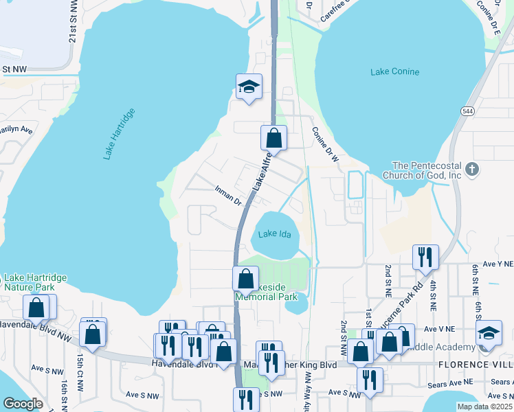 map of restaurants, bars, coffee shops, grocery stores, and more near 2850 Lake Alfred Road in Winter Haven