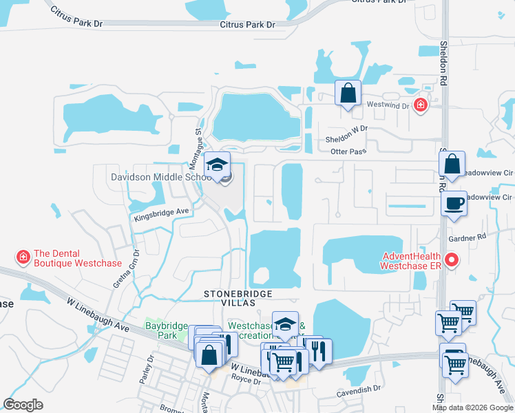 map of restaurants, bars, coffee shops, grocery stores, and more near 11541 Crowned Sparrow Lane in Tampa
