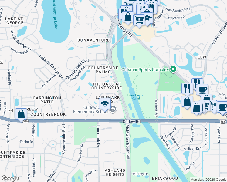 map of restaurants, bars, coffee shops, grocery stores, and more near 304 Landmark Boulevard in Palm Harbor